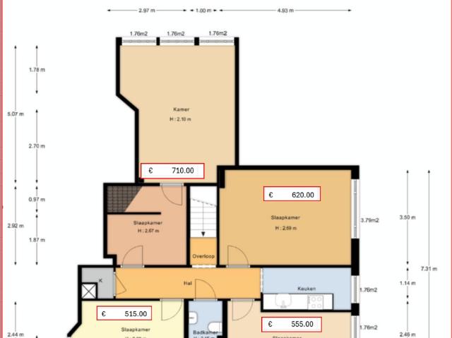 4 kamers als één appartement te huur