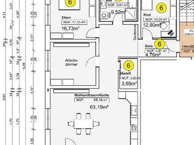 4 Zi. Wohnung Nr. 6.1, OG mit Badewanne / Dusche und Balkon