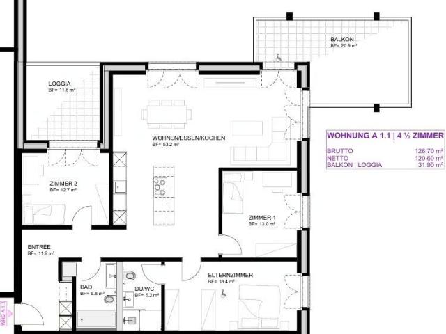 4.5 Zimmer, 120 m², 1. Stock