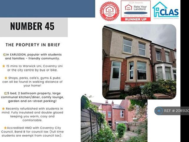 5 Bedroom Terraced House To Rent In Queensland Avenue, Coventry, CV5
