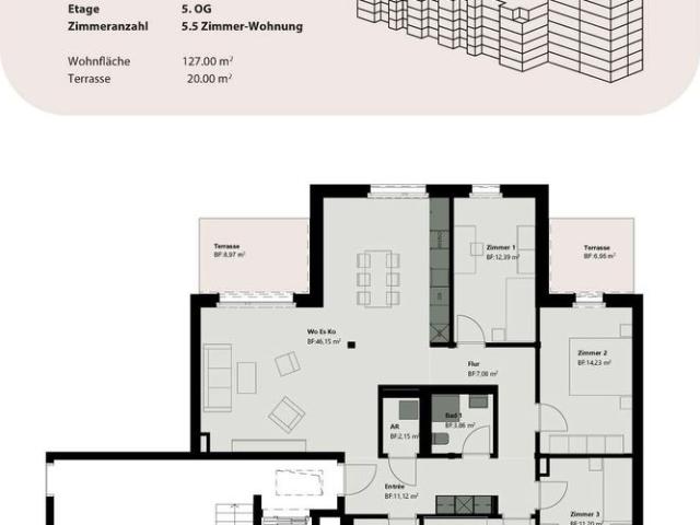 5.5 Zimmer, 127 m², 5. Stock