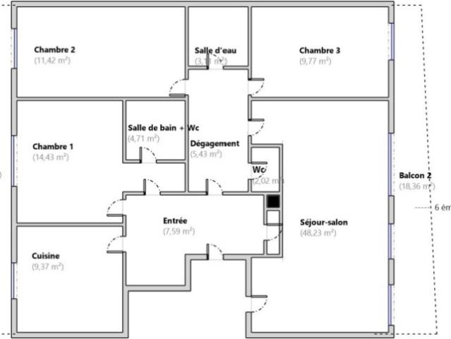 6ème et dernier étage Appartement de 116 m² + 2 terrasses de 18 m² chacune + 1 cave + 2 parkings boxés côte à côte