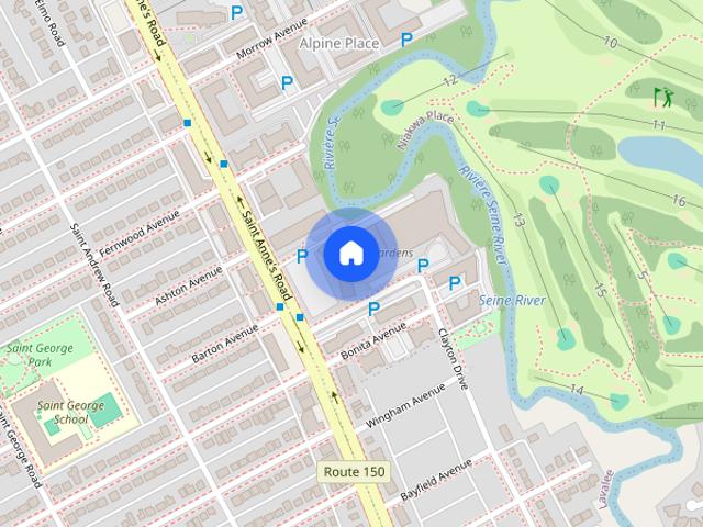 9 floor concrete apartment building located riverside in St. Vital off of St. Anne's