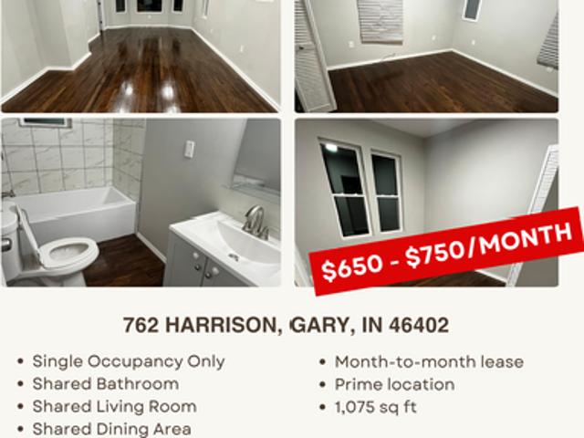 1 BR, 1 BA Apartment 762 Harrison Street, Unit SRO, Gary, IN 46402