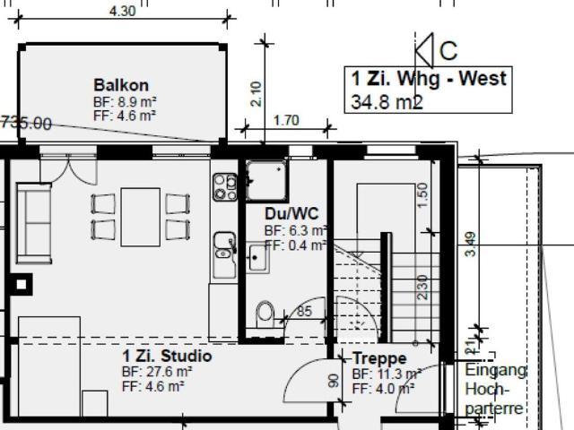 1 Zimmer, 35 m², 1. Stock