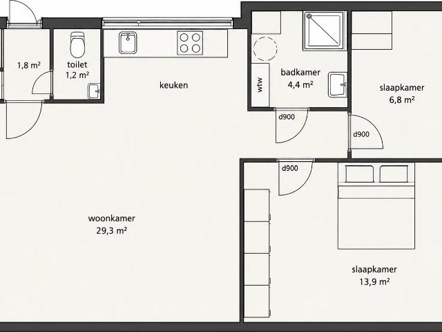 2 bedrooms Appartement Surface Area: 57m2