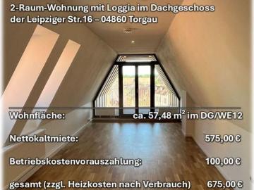 2 Raum Wohnung im DG mit Loggia, Fahrstuhl im Treppenhaus und Tageslichtbad