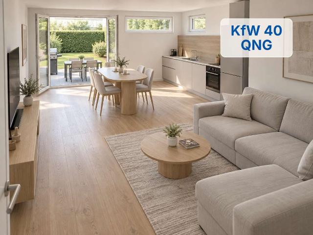 2 Zi. Gartenwohnung mit 43 m² eigenem Garten – KfW 40 QNG – Rohbau fertig