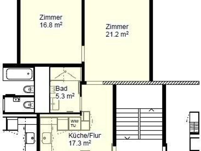 2 Zimmer, 61 m², 2. Stock