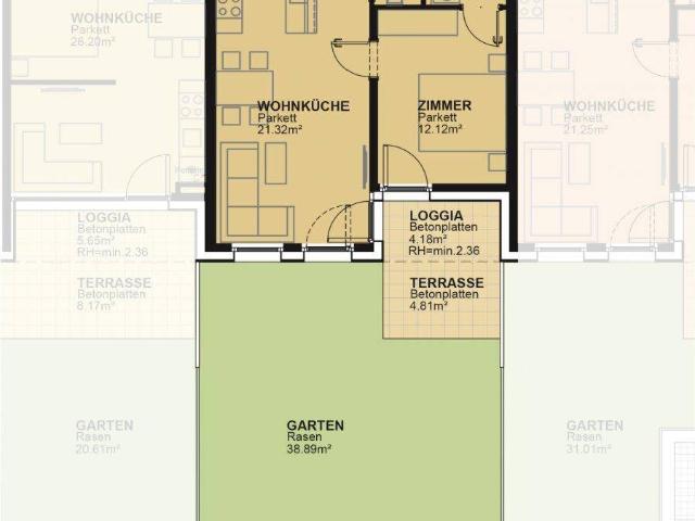 2 Zimmer Wohnung mit hochwertiger Küche, 37m² Garten, Terrasse und Loggia Außenfläche und Kellerabteil / MAX4 T2 10