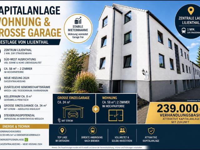 2 Zimmerwohnung mit großer Garage im Ortskern von Lilienthal