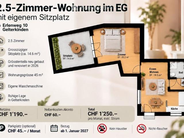 2.5 Zimmer Wohnung mit eigenem Sitzplatz in Gelterkinden