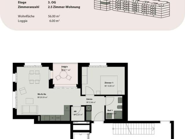 2.5 Zimmer, 56 m², 3. Stock