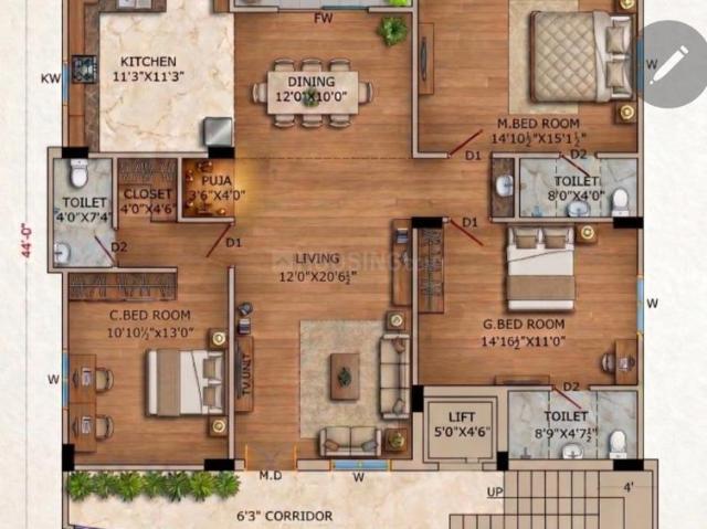 3 BHK Apartment in Tarnaka for resale Secunderabad. The reference number is 21256008