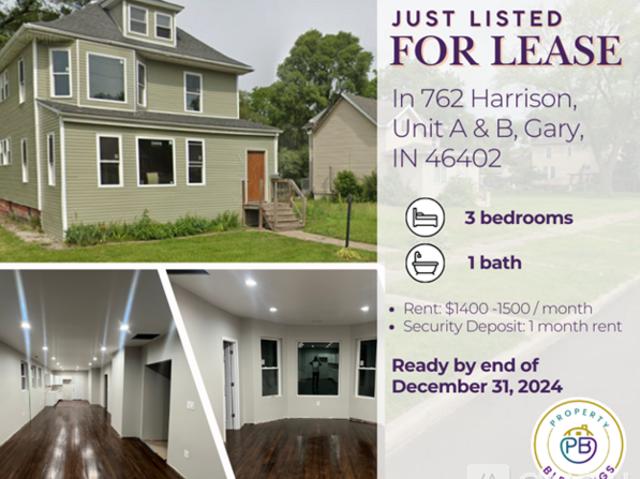 3 BR, 1 BA Apartment 762 Harrison Street, Unit 2, Gary, IN 46402