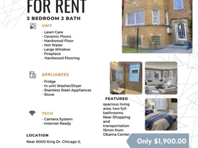 3 BR, 2 BA Apartment 8015 South Eberhart Avenue, Unit 3, Chicago, IL 60619