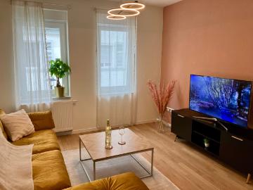 3 room apartment with TV, WiFi, balcony, kitchen, shower/toilet, bedroom, dining room and living room