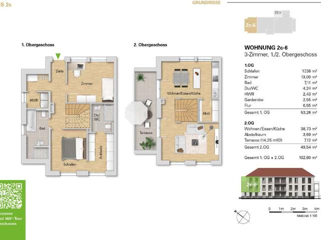 3 Zi. Neubau Maisonette Wohnung im 1.OG, WE 2c 6 mit Balkon u. toller Aussicht zu verkaufen