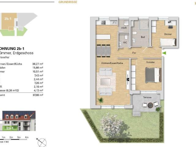 3 Zi. Neubauwohnung im EG, WE 2b 1 mit Terrasse u. Gartenanteil zu verkaufen