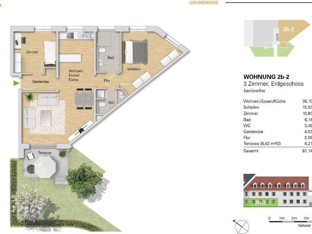 3 Zi. Neubauwohnung im EG, WE 2b 2 mit Terrasse u. Gartenanteil zu verkaufen