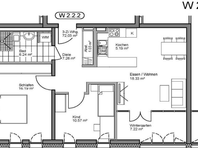 3 Zimmer Mietwohnung Nr. 2.2.2 gefördert Wohnberechtigungsschein Stufe 3 EOF erforderlich