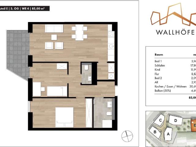 3 Zimmer Neubauwohnung in den Wallhöfen zu vermieten