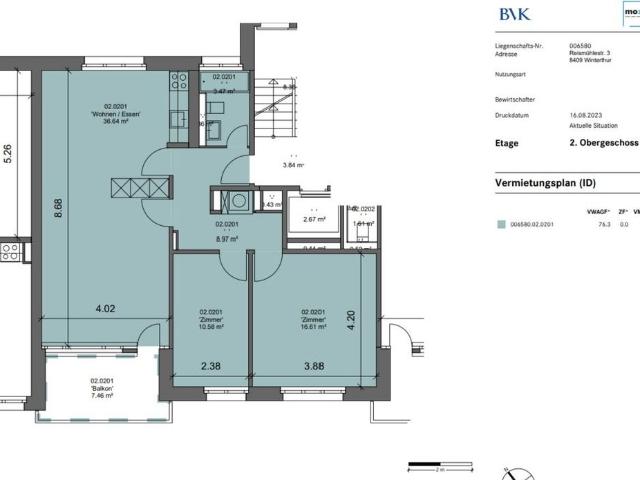 3.5 Zimmer, 76 m², 2. Stock