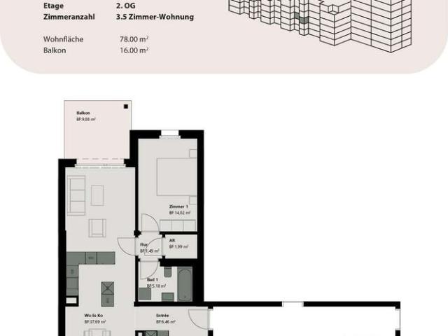 3.5 Zimmer, 78 m², 2. Stock