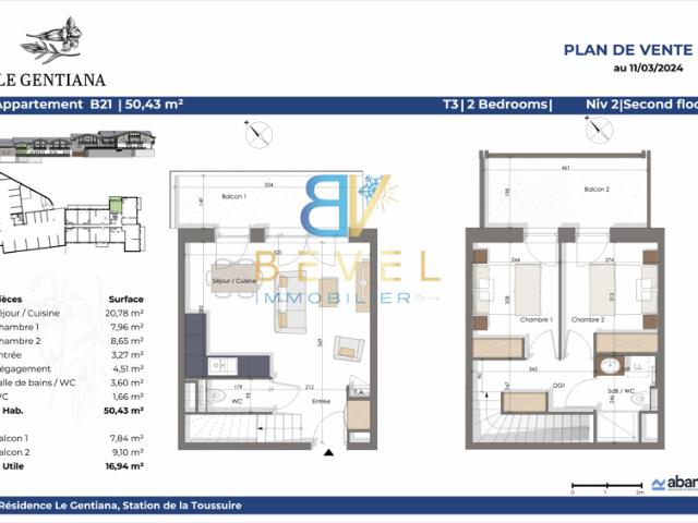 T3 PENTHOUSE 50,43 m2 LA TOUSSUIRE LE GENTIANA BALCONS