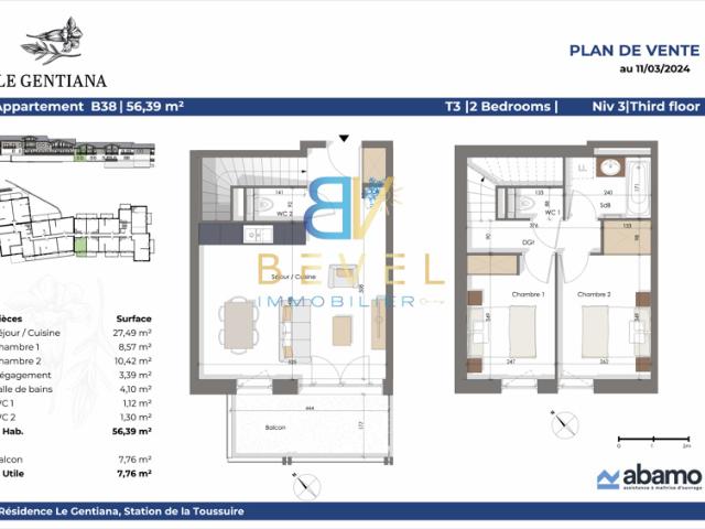 T3 PENTHOUSE 56,39 m2 SUD EST LA TOUSSUIRE LE GENTIANA