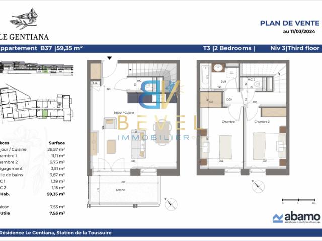 T3 PENTHOUSE 59,35 m2 SUD EST LA TOUSSUIRE LE GENTIANA