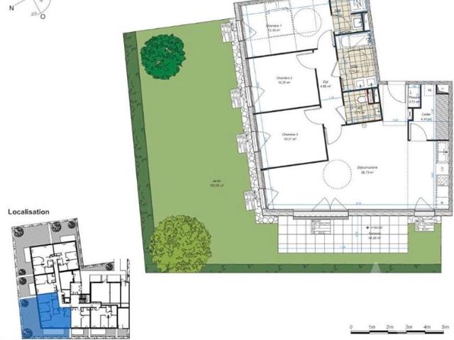 T4 en RDC avec sa terrasse de 14m² + jardin de 102.52m² + 2 parkings extérieurs
