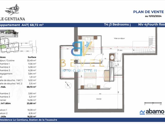 T4 PENTHOUSE 68,72m2 LA TOUSSUIRE LE GENTIANA BALCONS