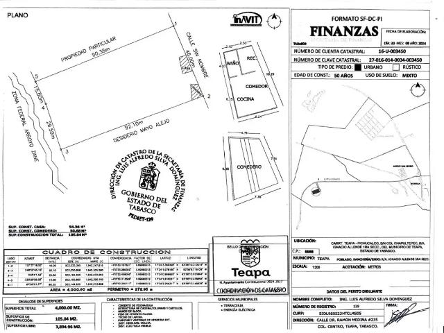 Terreno de 4,000.00 m² en carretera Teapa Pichucalco