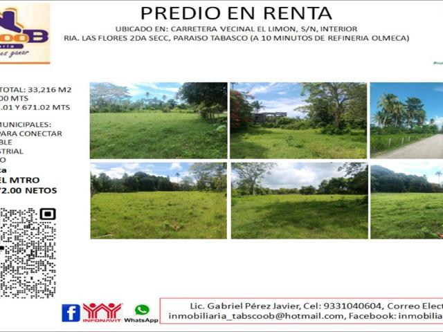 Terreno en renta en Las Flores 2da. Sección, Paraíso, Tabasco
