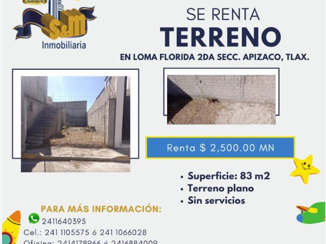 Terreno en renta en Loma Florida 2a Secc, Apizaco, Tlaxcala