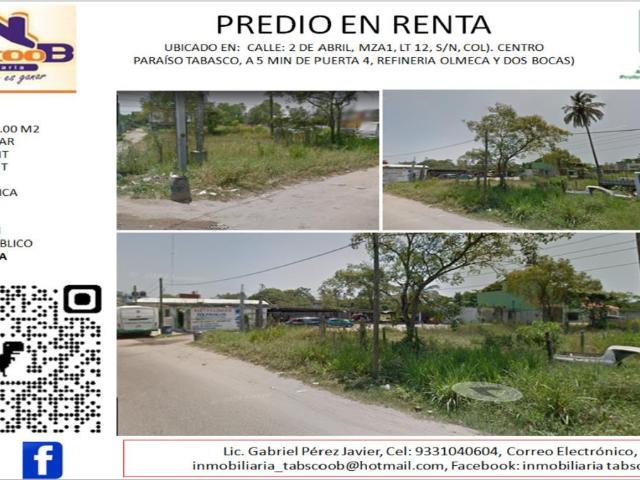 Terreno en renta en Paraiso Centro, Paraíso, Tabasco