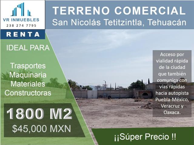 Terreno en renta en San Nicolas Tetitzintla, Tehuacán, Puebla