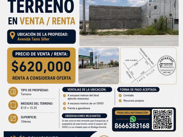 TERRENO EN VENTA O RENTA SOBRE AVENIDA TANIS SILLER, MONCLOVA, COAHUILA