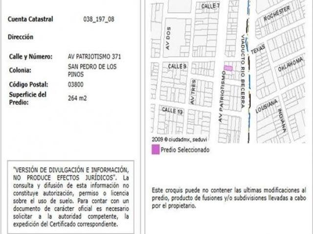 Terreno en Venta sobre Av. Patriotismo | Uso de Suelo H8/20 | San Pedro de los Pinos