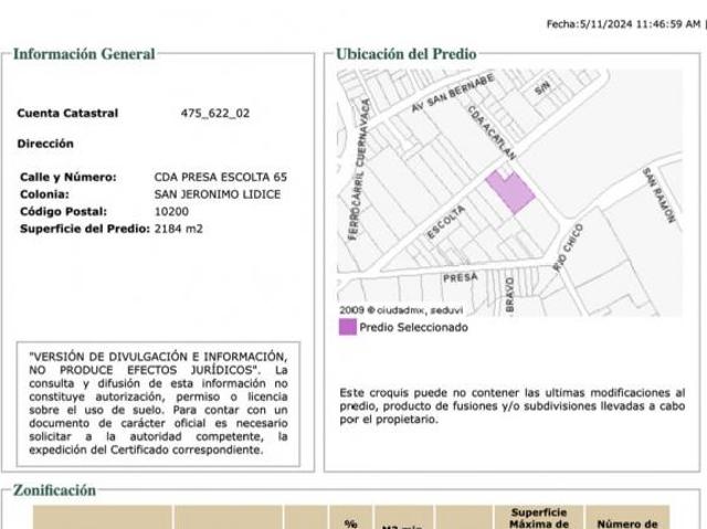 Terreno en venta en Cerrada de Presa Escolta San Jeronimo Lidice de 2292m2