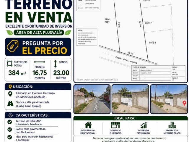 TERRENO EN VENTA EN COLONIA CARRANZA, MONCLOVA, COAHUILA