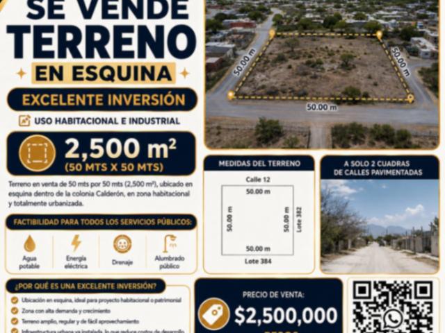 TERRENO EN VENTA EN ESQUINA EN COLONIA CALDERÓN, MONCLOVA, COAHUILA