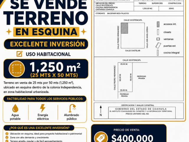 TERRENO EN VENTA EN ESQUINA EN COLONIA INDEPENDENCIA, CASTAÑOS, COAHUILA