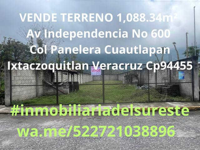 TERRENO 1,088.34m² Av Independencia No 600 Col Panelera Cuautlapan Ixtaczoquitlan Veracruz Cp94455