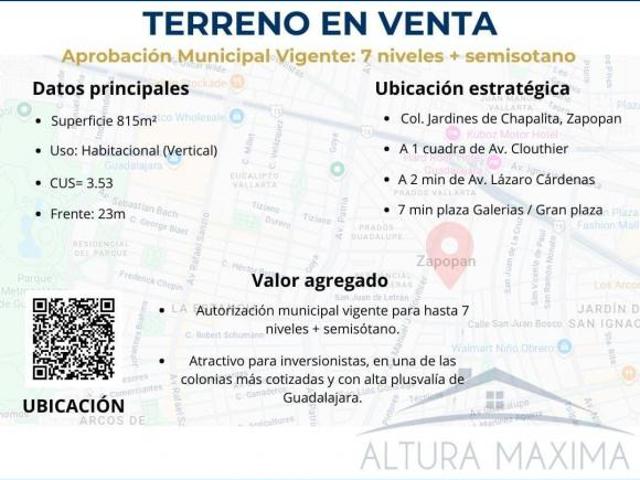 Terreno 815 mts2 en Venta Lomas de Guadalupe Zapopan