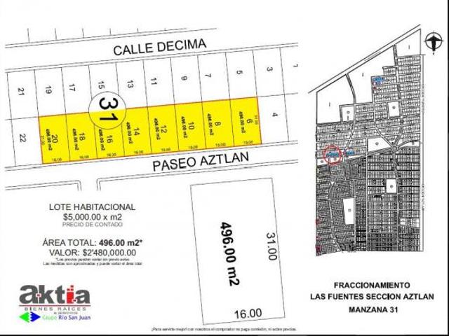 TERRENOS EN VENTA HABITACIONALES EN FRACC FUENTES AZTLAN CALLE PASEO AZTLAN