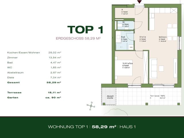 Top 1 Haus 1 EG 2 Zimmer 58,29 m² mit Terrasse und Garten Graz Lend