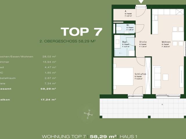 Top 7 Haus 1 2.OG 58,29 m² 2 Zimmer großer Balkon Graz Lend