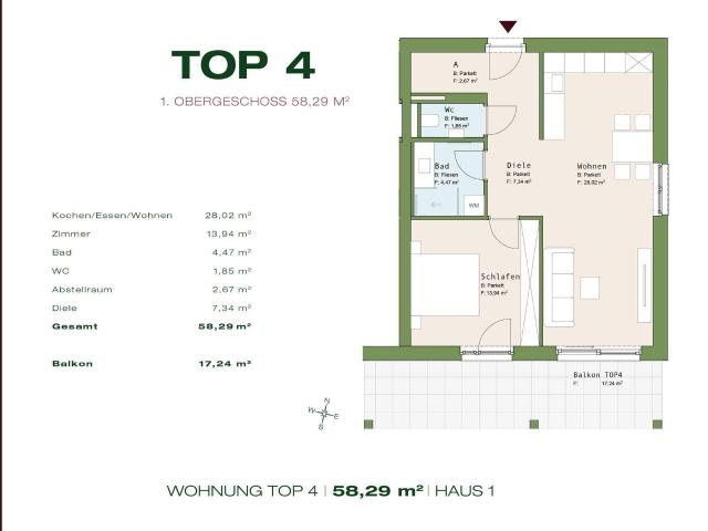 Top 4 Haus 1 1.OG 58,29 m² 2 Zimmer großer Balkon Graz Lend